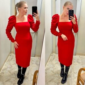 NWT Antonio Melani Elena Crepe Square Neck Long Ruched Sleeve Midi Dress Sz 4